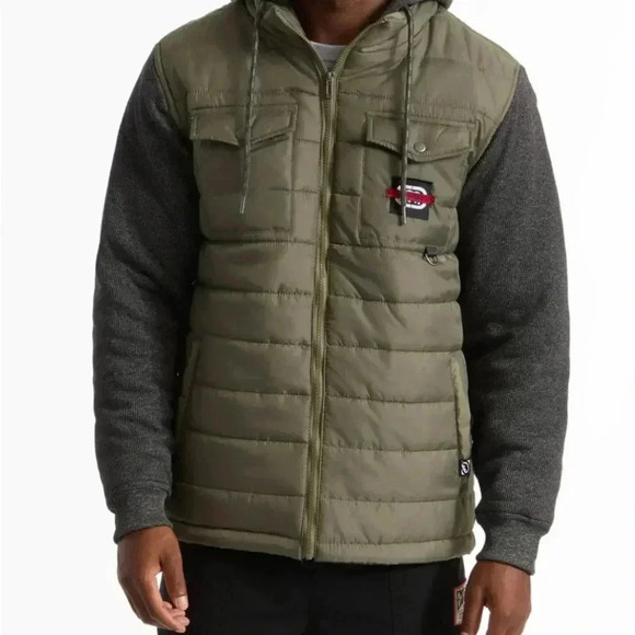 Ecko Unlimited Men's Olive Green and Gray Hooded Bomber Puffer Vest. NWT - Picture 1 of 11